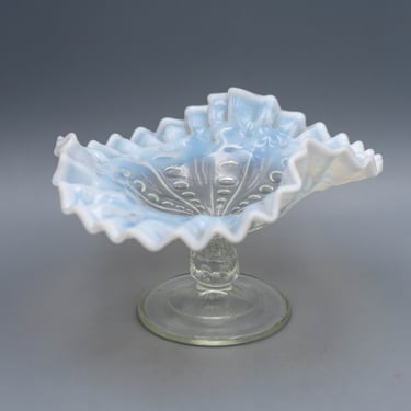 Dugan Pressed Coinspot White Opalescent Compote | Antique Glass Card Tray 