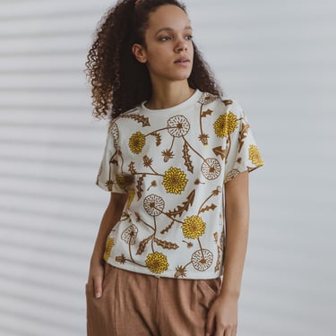 Floral Print Tee, Organic Boxy Top, Genderless T-Shirt, Dandelion Pattern Shirt 