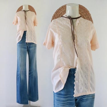 70s embroidered top - m - imperfect - READ - apricot eyelet size medium short sleeve blouse shirt 
