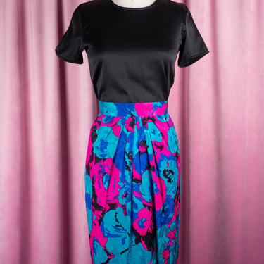 Gorgeous 1980s Flora Kung Neiman Marcus 100% Silk Bold Abstract Floral Print Skirt 