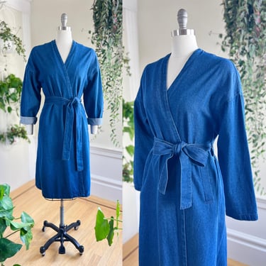 Vintage 1970s Coat | 70s Blue Denim Belted Wrap Dark Wash Cotton Boho Duster Overcoat (small/medium/large) 