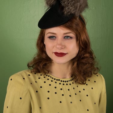 1930s Hat - High Fashion Mid 30s Peaked Crown 30s Tilt with Dual Fox Fur Puffs 