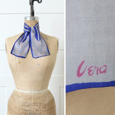 vintage 1950s early VERA silk ascot scarf • gray & blue abstract dots collar tie 