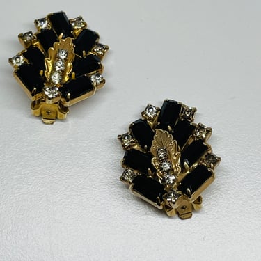 Gold Leaf Clip On Earrings with Black and Clear Rhinestone