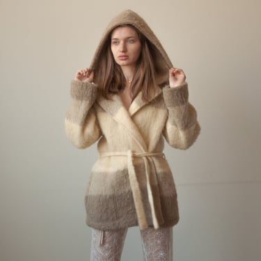 3173o / pure wool striped hooded coat / s / m 