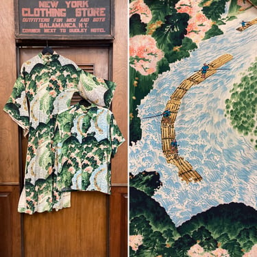 Vintage 1940’s Asian Japanese Crepe Hawaiian Shirt & Dress Set, Pake Muu, Hawaiian Dress Set, Tiki Dress, Batwing Sleeve, Two Piece, 1940’s 
