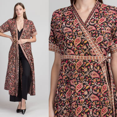 70s Paisley Floral Wrap Lounge Robe - Small | Vintage Boho Maxi Black Red Print Housedress 