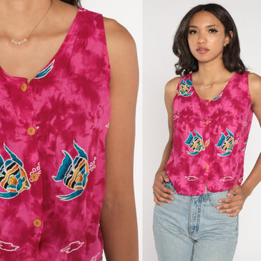 Tropical Fish Shirt Y2K Pink Tie Dye Tank Top Retro Boho Hippie Summer Sleeveless Blouse Button up Tank Bright Colorful Vintage 00s Small S 