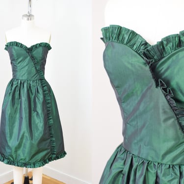 Vintage 1970s/80s Victor Costa Green Taffeta Cocktail Dress | S/M | 70s-1980s Strapless Party Dress with Ruffles | Designer 