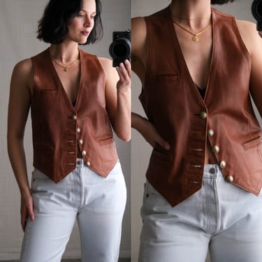 Vintage Oiled Saddle Tan Leather Vest w/ Buffalo Nickel Buttons | Hand Made | Unisex Cowhide Leather Western Ware Vest Cowgirl Cowboy 