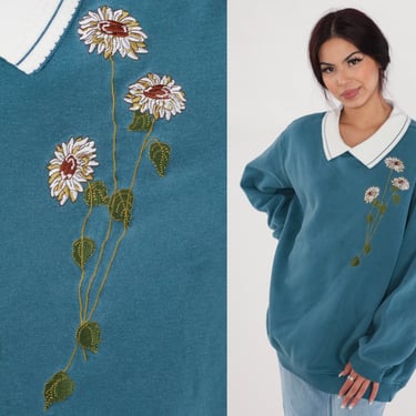 Collared Floral Sweatshirt 90s Teal Grandma Sweater Embroidered Daisy Flower Retro Slouchy Kawaii Long Sleeve shirt Vintage 1990s 2xl xxl 