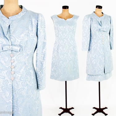 1960s Pale Blue Dress Coat Set | 60s Blue Brocade Coat & Matching Dress | Jackie O Style | Medium 