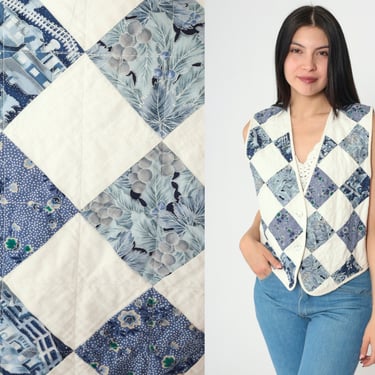 Vintage 90s Quilted Patchwork Vest Blue Floral Diamond, House, Fruit Pattern Button Front Boho Hippie Vest Ivory Checkered Small S 