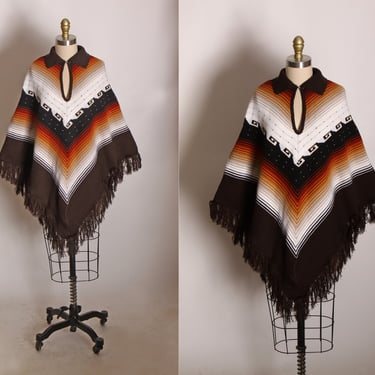 1970s Black, Brown, White and Tan Knit Aztec Ombre Fade Fringe Poncho -M-L 