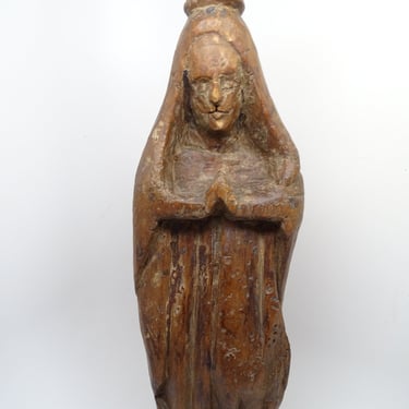 Large 14 1/2 Inch Antique 1800's Praying Saint Mary Santos, Hand Carved Wood Madonna Bulto, Vintage Religious 