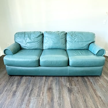 1990s Vintage Post Modern Teal / Turquoise Leather Lazy Boy Sofa / Couch