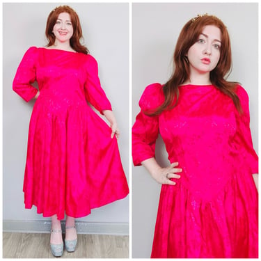 1980s Vintage Raspberry Pink Floral Puffed Sleeve Dress / 80s Princess Cut Acetate Prairie Dress / Size 1X 