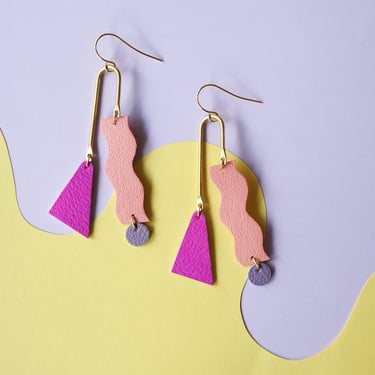 Squiggle Mobile Earrings in Neon Pink, Rose + Purple - Colourful Asymmetrical Statement Leather earrings with Geometric Shapes 