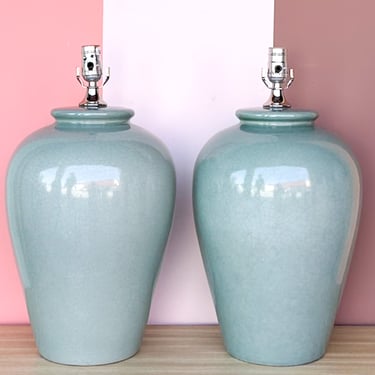 Pair of Seafoam Crackle Ginger Jar Lamps