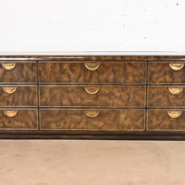 William Doezema for Mastercraft Hollywood Regency Campaign Burl Wood and Brass Nine-Drawer Dresser, 1970s