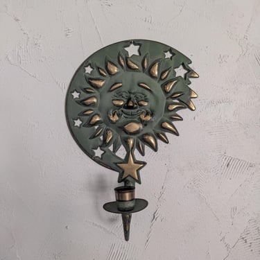 Vintage 1994 Oxidized Metal Celestial Sun Face Candlestick Holder Wall Sconce 