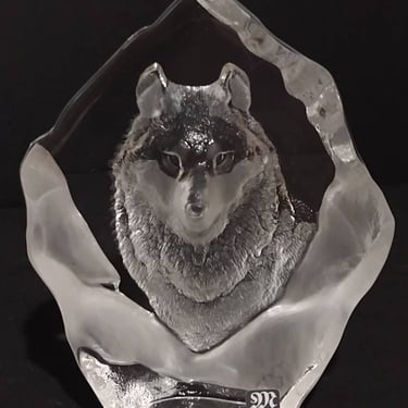 Vintage Signed Mats Jonasson Lead Crystal Wolf Sculpture Sweden 8" 