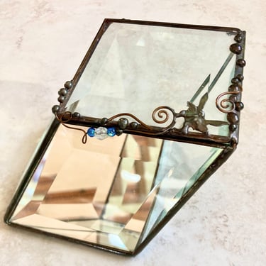 Artist signed, Abstract Glass & Mirror Hand Made Jewelry Box~ Leaded Beveled Glass parallelogram Shape~ copper wire beaded bedazzle display 