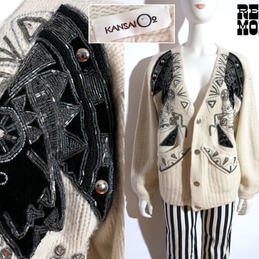 Kansai O2 Yamamoto Avant Garde Vintage 80s Beaded Sequin Velvet Face Statement Cardigan 