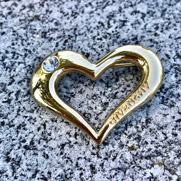 Givenchy Heart Brooch Gold Plate Rhinestone Vintage 1990s Designer Signed Retro Jewelry 