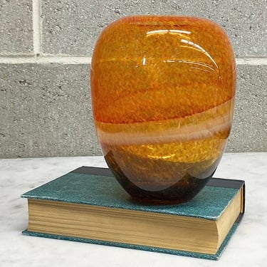 Vintage Vase Retro 1990s Contemporary + Glass + Orange + White + Brown + Handblown + Modern Home Decor + Flower Display + Table or Shelf 