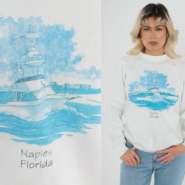 Boat Sweatshirt 90s Naples Florida Sweatshirt Nautical Sailing Yacht Graphic Tourist Sweater Raglan Sleeve White Vintage 1990s Medium Large 
