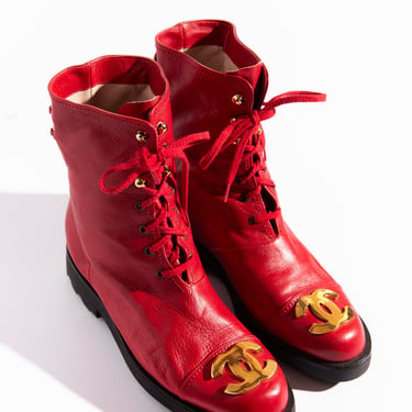 CHANEL Fall/Winter 1992 Runway RARE Red Leather Combat Boots