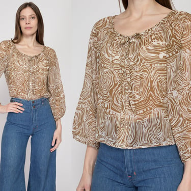 Med-Lrg 70s Boho Sheer Abstract Print Balloon Sleeve Blouse | Vintage Brown White Button Up Hippie Shirt 