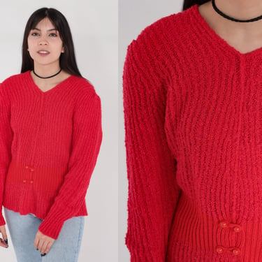 Red Sweater 80s Ribbed Knit Pullover Sweater Retro Plain Basic V-Neck Jumper Button Up Simple Minimalist Knitwear 1980s Acrylic Medium 