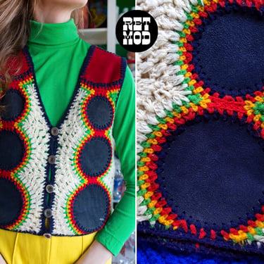 Fantastic Vintage 70s Suede Patchwork Crochet Statement Vest by Harpees 