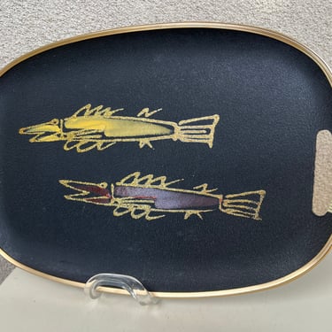 Vintage Modern fiberglass black oval tray handles two fish theme  18”X 12” 