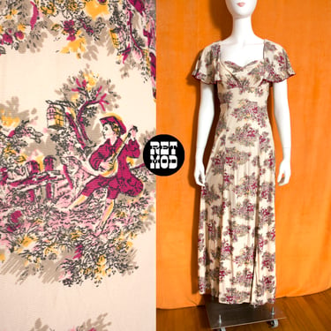 Sweet & Lovely Vintage 70s Floral Mandolin Player Novelty Print Maxi Dress 