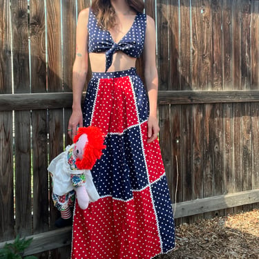60’s vintage red white and blue 2 piece tie top and skirt set with polka dots and rick rack 