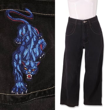 90s JNCO Black Embroidered Women's Jeans 26, vintage Panther pocket cargo pants 