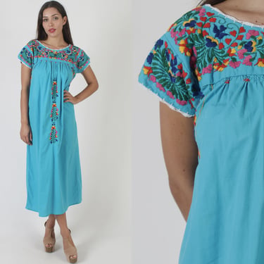 Hand Embroidered Oaxacan Aqua Cotton Mexican Dress 