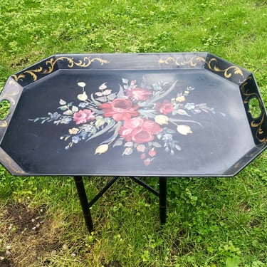 VINTAGE  Lacquered Faux Bamboo Tray Table, 1950s Tole Tray End Table , Home Decor 