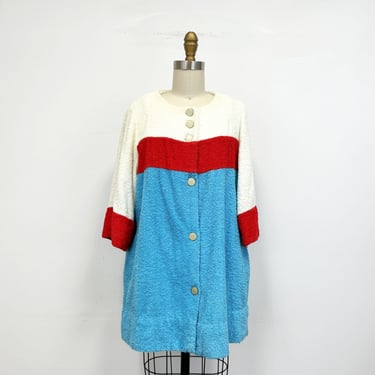 Vintage 60s Terry Cloth Beach Cover Up | Beach Jacket in Turquoise and Red Size Medium 