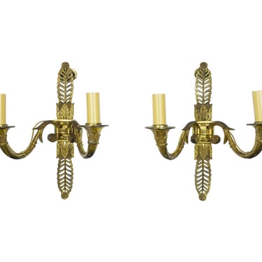 Pair of French Foliate Brass 2 Arm Wall Sconces