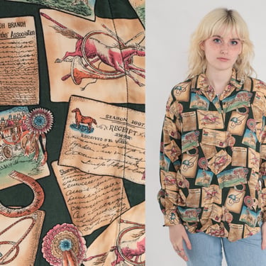 Horse Shirt 90s Button Up Blouse Equestrian Print Top Showhorse Horseshoe Rider Long Sleeve Dark Green Retro Vintage 1990s Lizwear Small S 