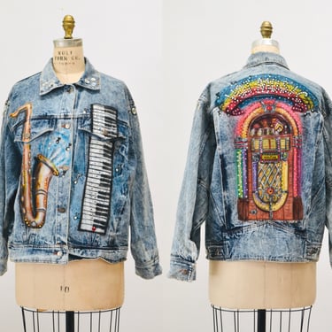 80s 90s Vintage Denim Jacket Music Piano Painted Rhinestones Airbrushed JEAN Jacket Medium Large Tony Alamo Inspired Stone Acid Wash Denim 