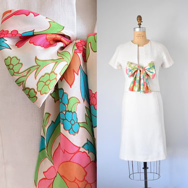Parnis linen silk 60s dress and jacket, two piece set, mod dress, off white floral sheath dress 