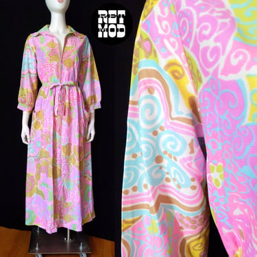 NWOT Beautiful Vintage 60s 70s Pastel Pink Green Blue Psychedelic Nylon Long Dress with Zip Front 
