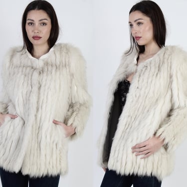 Arctic Fox Fur Coat / Real Fur Jacket With Pockets / Vintage 80s Off White Leather Inlay / Corded Puff Sleeve Winter Jacket S M 