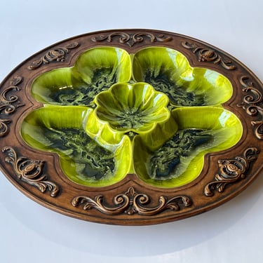 Vintage Treasure Craft USA 70s Large Round 5 Section Serving Tray Green Swirl/Marbleized & Faux Wood Ceramic Serving Platter Chip and Dip 