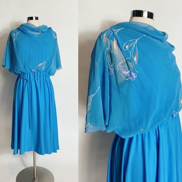 Vintage Sears Blue Midi Dress with Sheer Floral Cowl Neck 